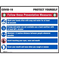 Brady Safety Sign Covid-19 Prevention Multi-Message 900W x 600mmH Poly White/Blue